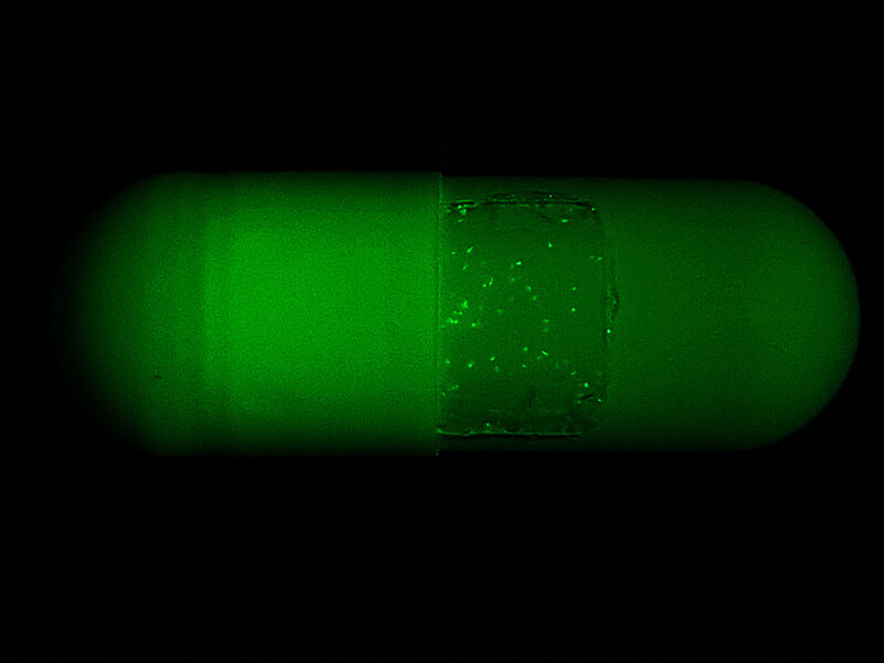 A close-up of a pill shows the security tag covered in several dots of light 